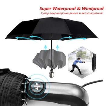 Ветроустойчивый Складной Автоматический Зонт Rain Women Auto Роскошные Большие Ветрозащитные Зонты Rain Для Мужчин С Черным Покрытием 10K Parasol
