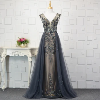 Вечерние платья Dubai 2023 Роскошное сексуальное женское вечернее платье серого цвета с V-образным вырезом, расшитое бисером.