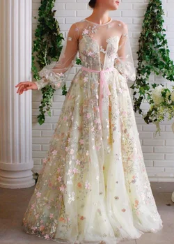 Вечерние платья с кружевными цветами JEHETH Princess, винтажное женское платье для выпускного вечера с длинными пышными рукавами и круглым вырезом Длиной до пола, вечернее платье