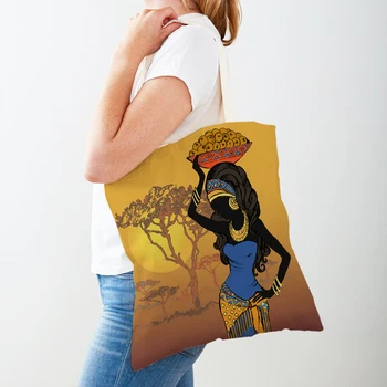 Винтажная Оранжевая сумка для покупок Africa Life Girl, повседневная многоразовая холщовая мультяшная женская сумка-тоут с двойным принтом, Женские сумки для покупок