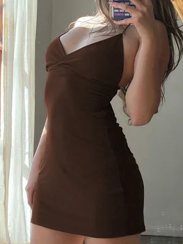 Винтажное коричневое женское облегающее платье, сексуальные вечерние мини-платья без рукавов с V-образным вырезом, однотонная уличная одежда с открытой спиной