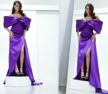 Винтажные Длинные вечерние платья из фиолетового атласа с разрезом 