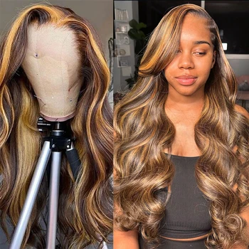 Выделите парик из человеческих волос Омбре Парик на кружеве 30 дюймов Бразильские парики для черных женщин Медовая блондинка Объемная волна Парик на кружеве