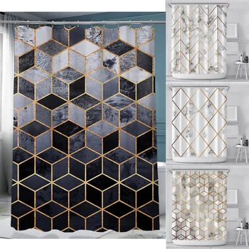 Геометрическая занавеска для душа Темно-синие Мраморные кубики, Тканевые занавески Gold Line для душа, наборы декора ванной комнаты с 12 крючками, водонепроницаемые
