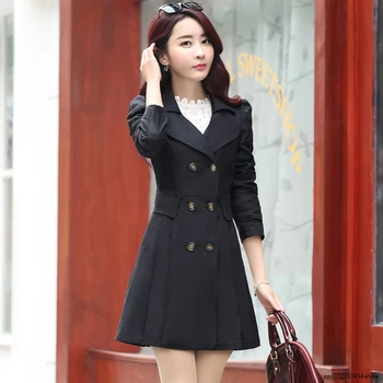 Демисезонная ветровка, женское пальто, Корейское однотонное Тонкое пальто средней длины, двубортный тренч, женская верхняя одежда