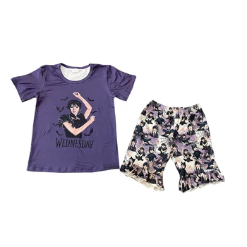 Детская одежда, летняя одежда для среды, шорты с короткими рукавами и оборками, комплект из 2 предметов для девочек