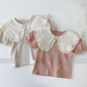 Детская одежда, новый летний топ для маленьких девочек в корейском стиле, милая кружевная повседневная футболка с большим отворотом и короткими рукавами