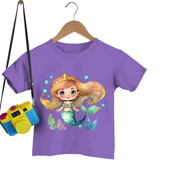 Детская одежда с русалочкой из мультфильма, модные футболки для танцев с русалочкой, повседневные милые топы, футболки с акварельной русалочкой для девочек