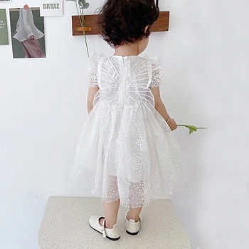 Детское платье-пачка для маленьких девочек, Летние платья принцессы с крыльями бабочки из тюля, Костюм Свадебное Белое Кружевное платье 1-6 лет