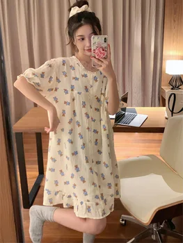 Домашняя летняя ночная рубашка с рисунком мультяшного медведя в Корейском стиле, милая ночная рубашка Kawaii, женская повседневная пижама с коротким рукавом, элегантный свободный костюм Ins