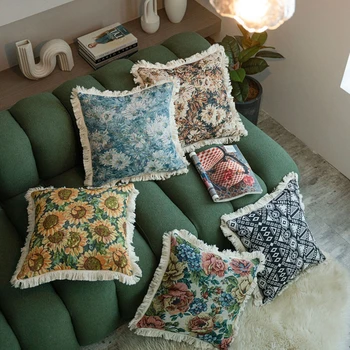 Жаккардовый чехол для подушки в американском стиле Кантри 45/60 см, декоративные подушки для дивана с винтажными цветами и геометрическим принтом и кисточками