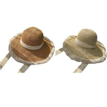 Женская Мужская Летняя Плетеная соломенная шляпа от солнца с плоскими широкими полями, кружевная богемная Уличная Солнцезащитная кепка-панама, пляжная кепка-канотье