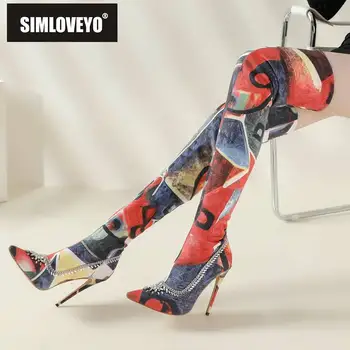 Женская брендовая обувь SIMLOVEYO, Эластичные сапоги до бедра, с острым носком, на тонком каблуке 10 см, со стразами, Большой Размер 48, смешанная мода, Сексуальная попа,