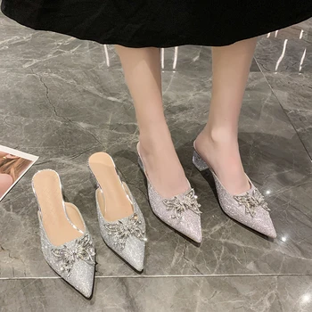 Женская обувь DICIFY 2023 Лето, Новый стиль, Босоножки на толстом каблуке с бантом из страз, Модные заостренные туфли на высоком каблуке с кристаллами, блестящие тапочки