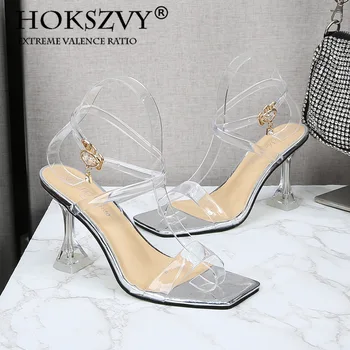 Женская обувь с прозрачным тонким ремешком и металлической пряжкой, летние сексуальные тапочки на высоком каблуке с кристаллами, модель серии B87, каблук 9 см, LFD