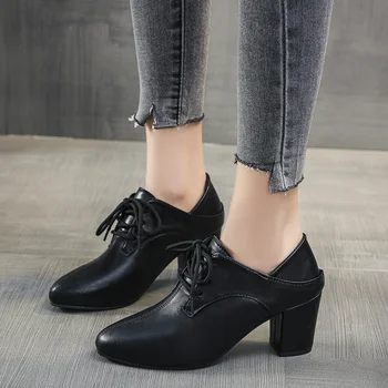 Женская обувь; Коллекция 2023 года; Весенние Женские туфли-лодочки С острым носком; Модные тонкие туфли на шнуровке; Черные офисные женские туфли; Zapatos De Mujer
