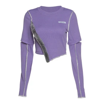 Женская тонкая футболка для бега на открытом воздухе с длинным рукавом и круглым вырезом, модная футболка для йоги с нерегулярным обнажением пупка, персонализированный топ для фитнеса