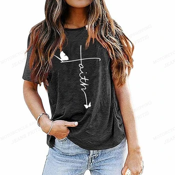 Женская футболка с буквенным принтом Faith, футболка с 3D принтом, женская модная футболка оверсайз, футболка с бабочкой, топы Harajuku с коротким рукавом, футболка для девочек
