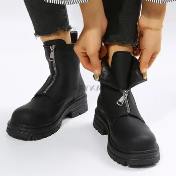 Женские ботинки на толстой платформе с застежкой-молнией, весна и осень 2023, черные ботинки, женские ботильоны с круглым носком для женщин, ботинки