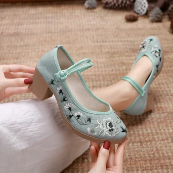 Женские туфли-лодочки Maogu на среднем каблуке 6 см с мягкой жаккардовой вышивкой и ремешком на щиколотке в стиле ретро, женская повседневная удобная обувь в китайском стиле