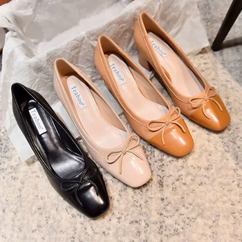 Женские туфли-лодочки с бантом, блестящие кожаные туфли Мэри Джейн в стиле пэчворк с квадратным носком, женские офисные туфли на толстом среднем каблуке, женская обувь 2020