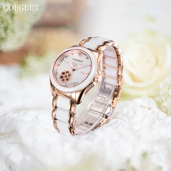 Женские часы CORGEUT Fashion Casual, обязательные автоматические механические часы с сапфировым стеклом, индикацией даты, керамическими ремешками, часы для женщин