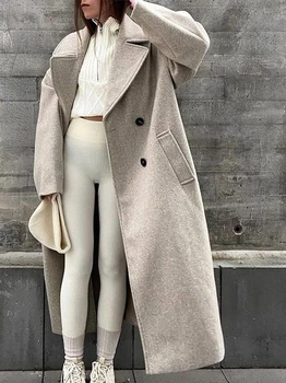 Женское двубортное шерстяное пальто с отворотом Оверсайз, женская модная шерстяная куртка с длинными рукавами 2022, Зимнее теплое Свободное пальто для поездок на работу.