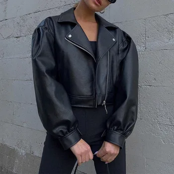 Женское зимне-осеннее черное пальто из искусственной кожи на тонкой молнии с отложным воротником, женская верхняя одежда в стиле панк, женские байкерские мотокуртки