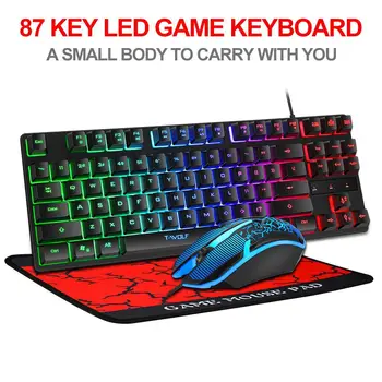Игровая клавиатура и мышь 3 В 1, проводная USB, RGB подсветка, фотоэлектрическая клавиатура, 87 клавиш, игровая мышь, геймерский набор