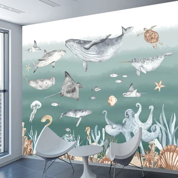 Изготовленная на заказ наклейка для отклеивания Дополнительно Внутренние обои Домашний декор ТВ Обои для гостиной Детские Мультяшные фрески с подводными животными