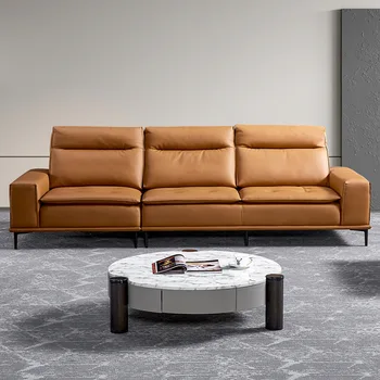 Итальянский диван из натуральной кожи с верхним слоем из воловьей кожи, минималистичный небольшой размер, вместимость трех или четырех человек, гостиная