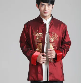 Китайский традиционный костюм с вышивкой Дракона с длинным рукавом Мужская винтажная рубашка с боевыми искусствами Кунг-фу Красного цвета Куртка Верхняя одежда