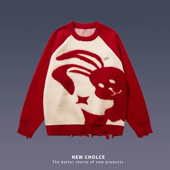 Китайский шикарный мужской свитер с принтом Red Rabbit, повседневный пуловер, осенне-зимний трикотаж для пары, мужская и женская одежда Унисекс