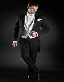Классический мужской костюм, Черный Атласный фрак, Смокинги Для Жениха, Блейзер Для Жениха, Комплекты Красивой Официальной одежды На Заказ (куртка + брюки + жилет)