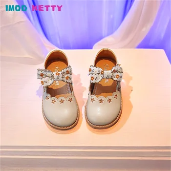 Кожаные туфли для маленьких девочек Летнее Корейское издание с цветочной детской принцессой, Винтажные цветы с вышивкой и галстук-бабочка, одиночные туфли