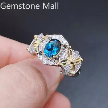 Кольцо с Лондонским голубым топазом 0,7 карата, кольцо из серебра 925 пробы с натуральным топазом 5 мм *7 мм, 3 слоя 18-каратного золотого покрытия, подарок для женщины