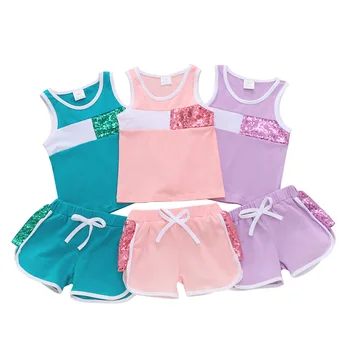 Комплект одежды контрастного цвета для новорожденных девочек, жилет без рукавов с круглым вырезом и блестками + шорты с разрезом по бокам от 0 до 4 лет