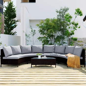 Комплект плетеных диванов из ротанга из 5 частей коричневого полиэтилена, комплект секционной мебели для патио, диван-полумесяц с закаленным стеклом