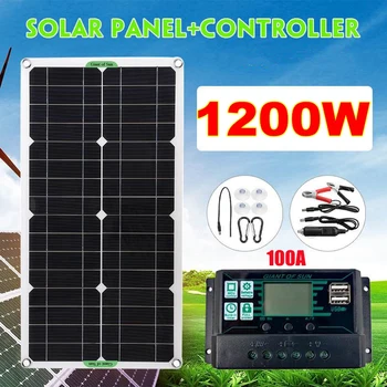 Комплект солнечных панелей мощностью 1200 Вт, двойные USB-солнечные элементы постоянного тока 5 В 12 В с солнечным контроллером 100 А для автомобиля, яхты, RV, зарядного устройства