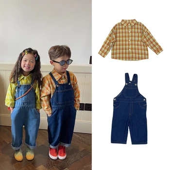 Комплекты одежды для мальчиков, Новая осенняя детская рубашка в тонкую клетку с длинными рукавами, топы + джинсовый комбинезон, костюм-двойка, детская повседневная свободная одежда