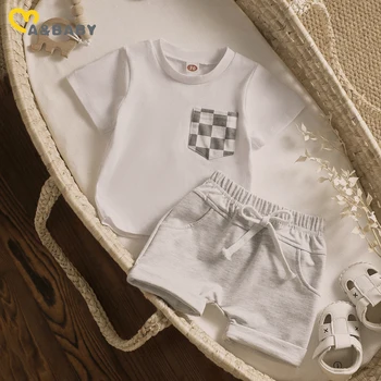 Комплекты одежды для мамы и ребенка от 0 до 3 лет для новорожденных, футболка в клетку с карманами, топы, шорты, повседневная летняя одежда, наряды