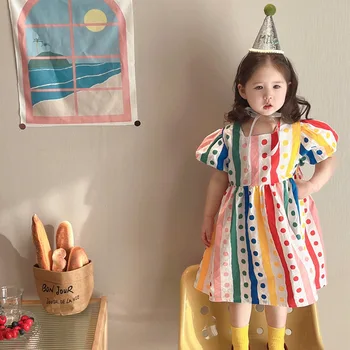 Корейская версия детской одежды Платье для девочек в радужную полоску в горошек принцессы Весна-лето Новый повседневный костюм с пышными рукавами длиной до колен