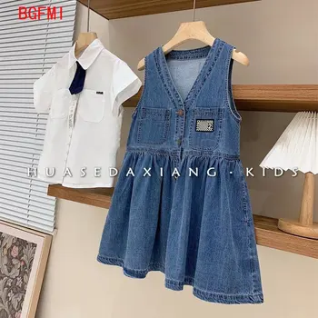 Корейская детская одежда, детская одежда, модная юбка на бретельках, летняя рубашка с коротким рукавом для молодых девушек + джинсовое платье без рукавов, комплект из 2 предметов