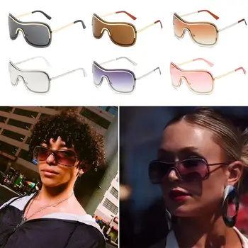 Коричнево-серебристые градиентные солнцезащитные очки больших оттенков из цельного сплава, Солнцезащитные очки для женщин Y2k