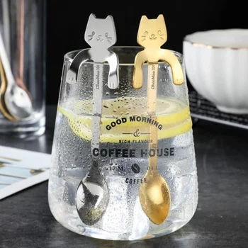 Кофейная ложка из нержавеющей стали, длинная ложка для перемешивания в форме милого кота, подвесная ложка для чашки, столовые приборы, инструмент для чайной ложки