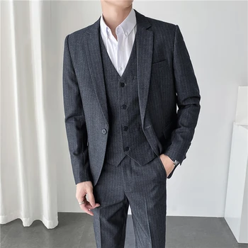 (Куртка + жилет + брюки) 2022, мужской деловой классический костюм в полоску из 2 предметов для мужского модного бутика, свадебное платье, костюм
