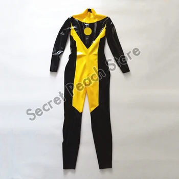 Латексный комбинезон для геев с застежкой-молнией в промежности, латексный боди-костюм желтого и черного цвета из латекса 0,4 мм