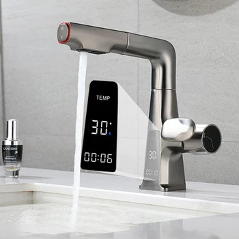 Латунный смеситель для раковины, выдвижной стиль, функция цифрового дисплея, смесители для ванной, смеситель для раковины в ванной для мытья