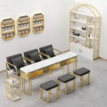 Легкие роскошные маникюрные столы Nordic Simple для салона красоты, профессиональные маникюрные столы из двухслойного стекла, маникюрный стол и набор стульев