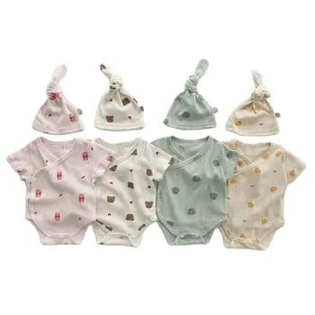 Летнее Новое детское боди с коротким рукавом + шапочка, Одежда для новорожденных с милым животным принтом, комбинезон для маленьких мальчиков и медведей